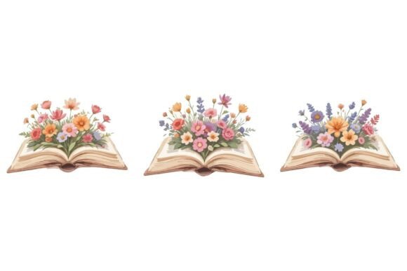 3 Cute Cartoon Flowers and Book Bundle – A Creative Resource for Designers and Educators