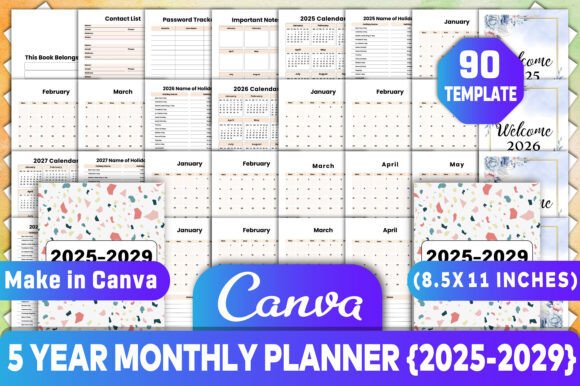5 Year Monthly Planner 2025-2029 Canva & KDP Interiors – Your Ultimate Planning Tool